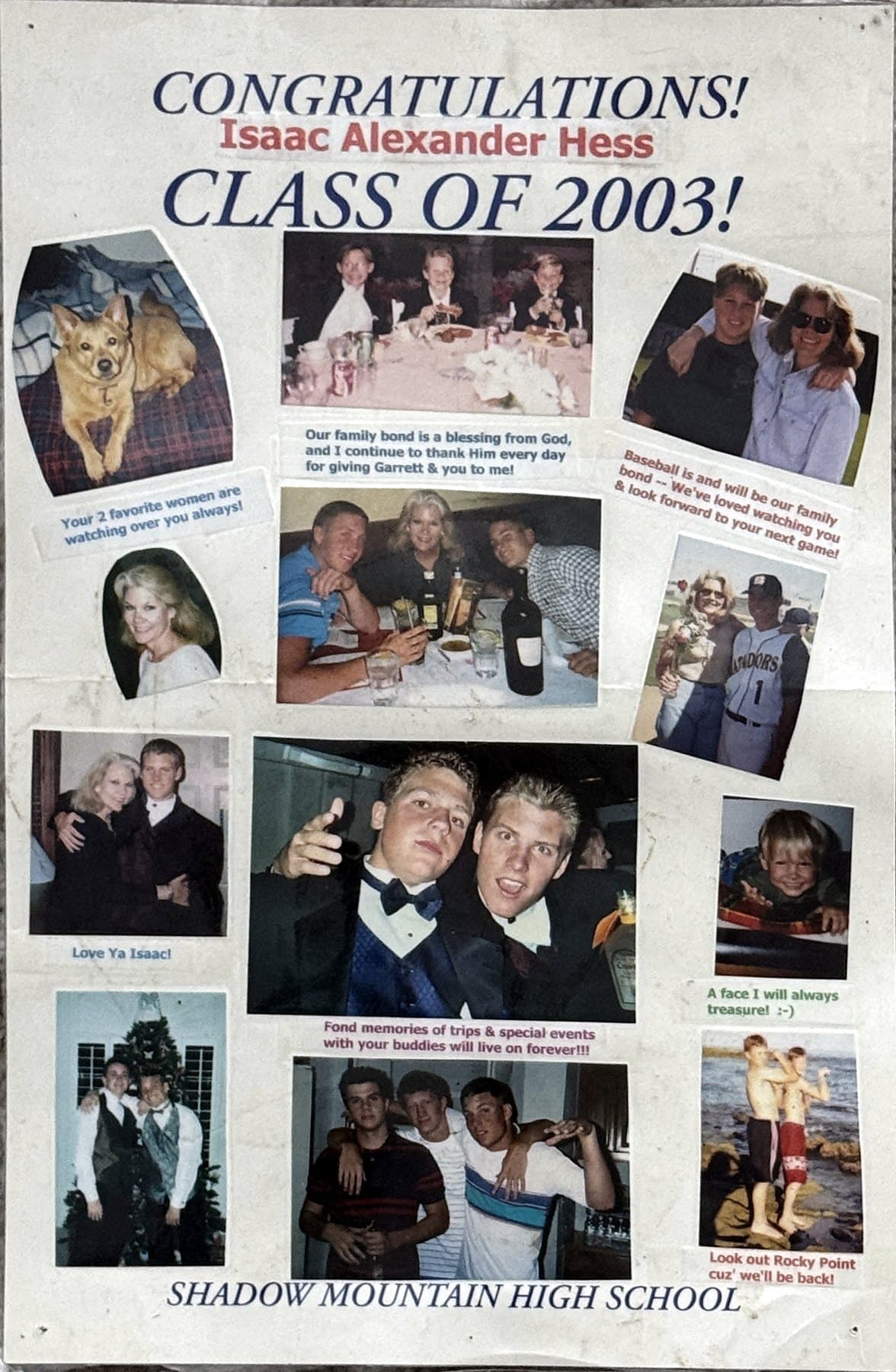 A graduation poster Eve Hess made for Isaac, Class of 2003, Shadow Mountain High School, covered in family photos with her handwritten-style captions