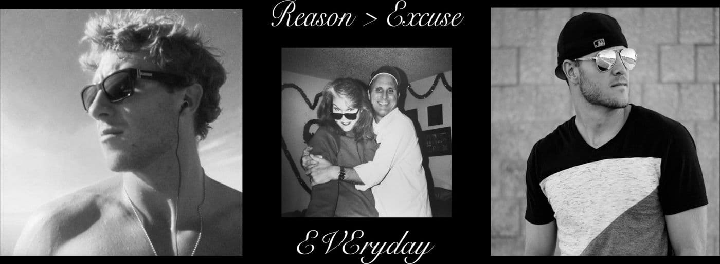 A collage reading Reason > Excuse and EVEryday, with Isaac on each side and his mom in the middle